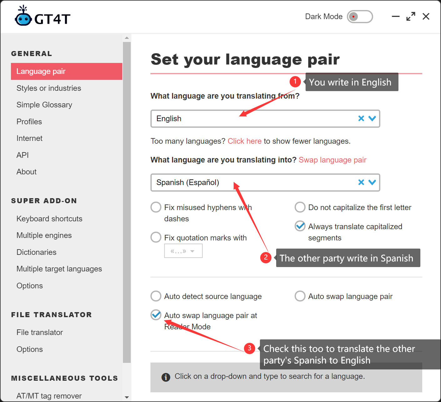 GT4T::Setup language pair