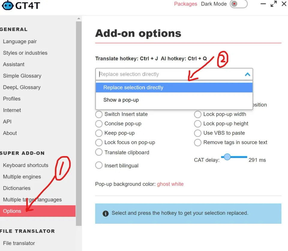 Come impostare la "selezione di sostituzione" come predefinita anziché il popup di traduzione per le scorciatoie GT4T?